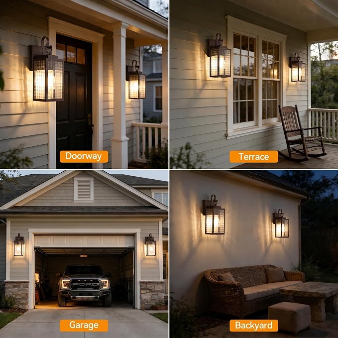 11.8-Inch Bronze Dusk to Dawn Outdoor Light Fixture, All-Metal | Auto On at Dusk, Off at Dawn, Checkered Glass, Rust-proof All-Metal Frame for Porch, Garage