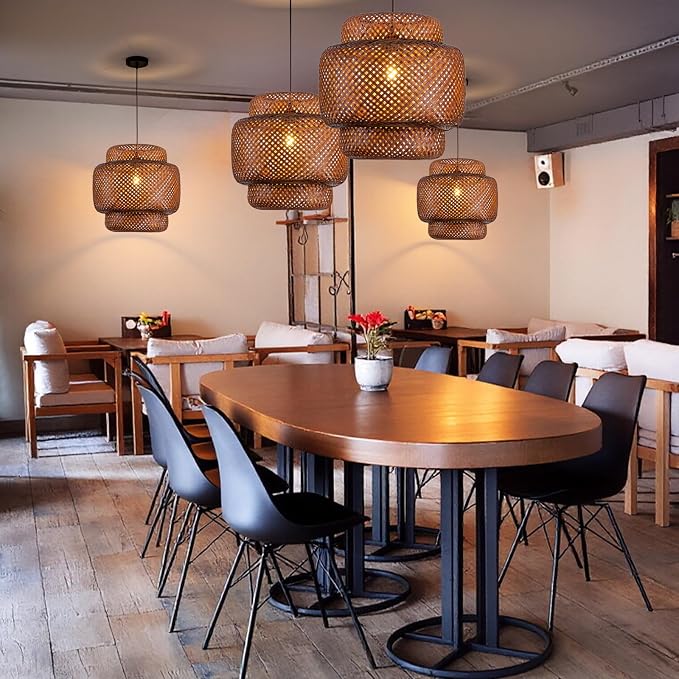 TeruTeru Ji Kaikang Bamboo Pendant Light,15.75" Curry Rattan Hanging Light | 1-Pack Brown Wicker Pendant Light,Hand Woven Chandelier for Kitchen Island Dining Bedroom Living Room Restaurants