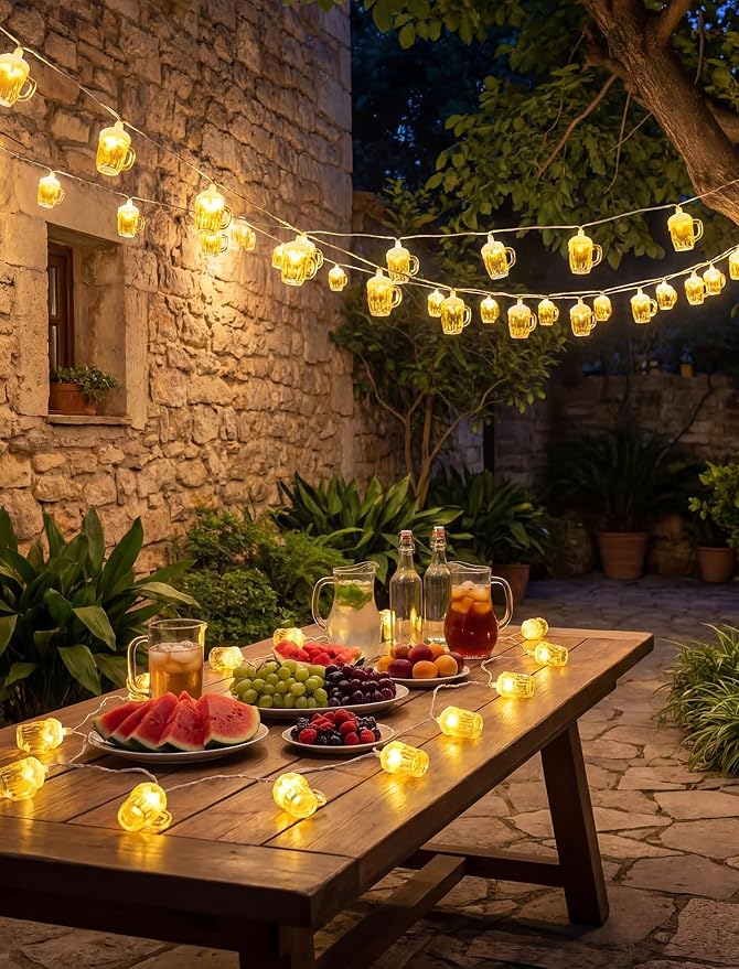 LED Beer Mug Camping String Lights, 8.5Ft Hawaiian Decor Lights Plug in | Connectable Tropical Beach Outdoor String Lights, 10 3D Beer Cup Bulbs, Summer Decor for Tent Holiday Party Garden