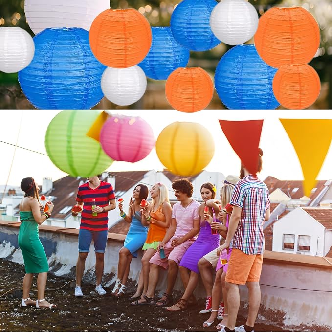 12Pcs Paper Lanterns 6”, 8”, 10”, 12”,Paperlanterns Party Decoration, Blue Orange White Paper Lanterns for Wedding, Bridal, Birthday, Outdoor, Home, Garden, Holiday and Party.