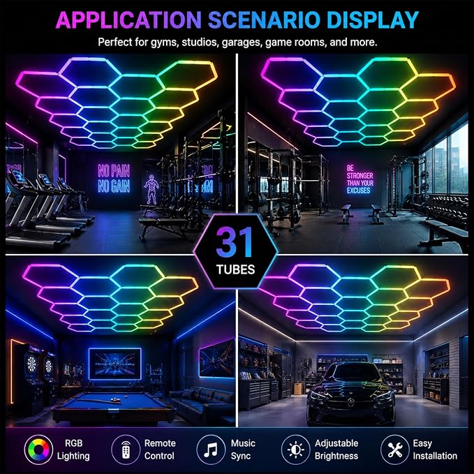 RGB Hexagon LED Garage Lights, 7 Hexagons 31 Tubes, App & Remote Control Color Changing Honeycomb Wall Ceiling Lights for Garage, Gaming Room, Gym, Car Detailing Shop