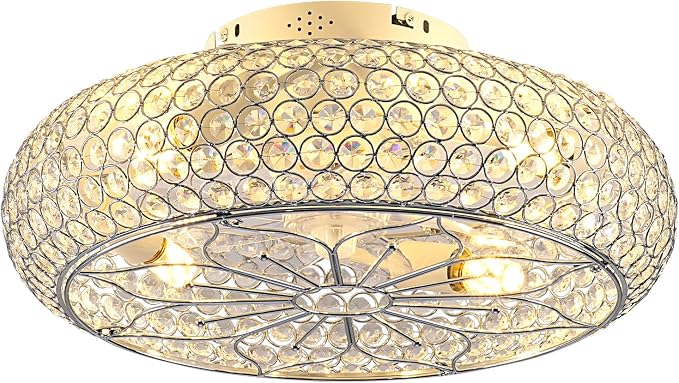 20" Crystal Ceiling Fan with Lights - Enclosed Bladeless Design, Reversible DC Motor & Remote, 6-Speed Quiet, Flush Mount Low Profile Electroplated Mirror Finish, for Bedroom/Living Room