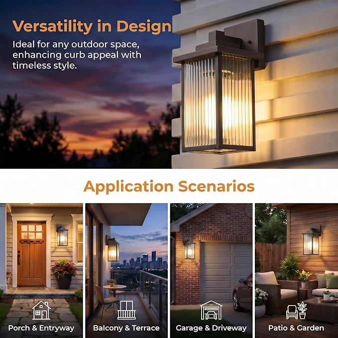13" Oil-Rubbed Bronze Outdoor Wall Light, All-Metal Frame Porch Light | Textured Glass Softens Glare, Stays Bright. Rust-Resistant Bronze Metal. Pre-Assembled DIY Install. For Porch, Garage & Entry