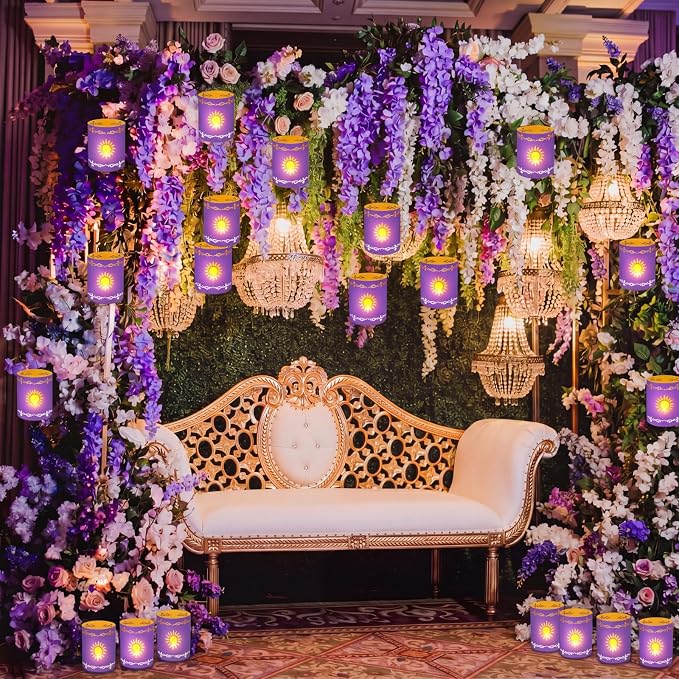 Fuyoooo 20 Set Paper Sun Lantern with LED Candles for Centerpieces LED Tea Lights with Paper Bags Battery Operation for Princess Wedding Party, Halloween, Christmas Decoration(Purple,Sun)