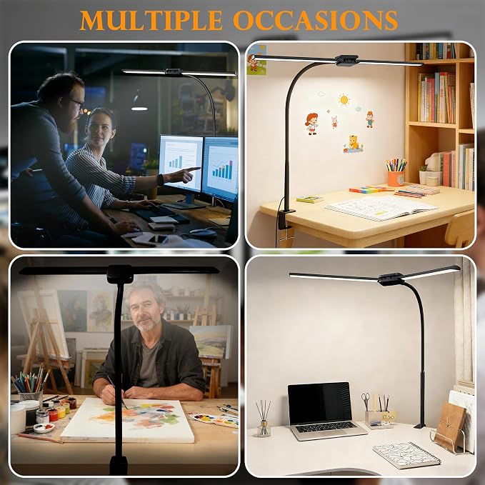 LED Desk Lamp for Home Office, Double Head Computer Monitor Light with Clamp, 5 Color Modes and 3 Brightness Levels, Long Flexible Goose-Neck, USB Eye-Caring Clip on Lights for Reading, Black