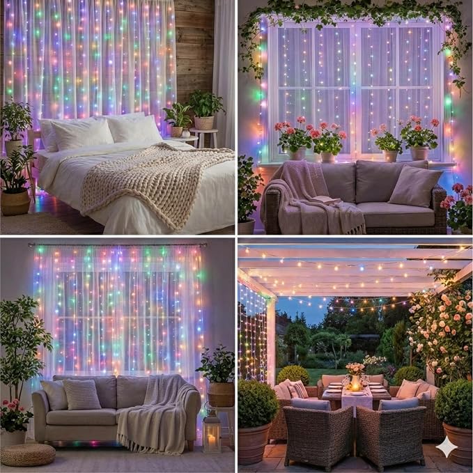 Curtain String Light, 200LED 6.6x6.6ft, Remote & 8 Modes, USB | Window Wall Hanging String Lights, For Bedroom, Wedding, Party, Home, Garden and Indoor Decorations, Multicolor