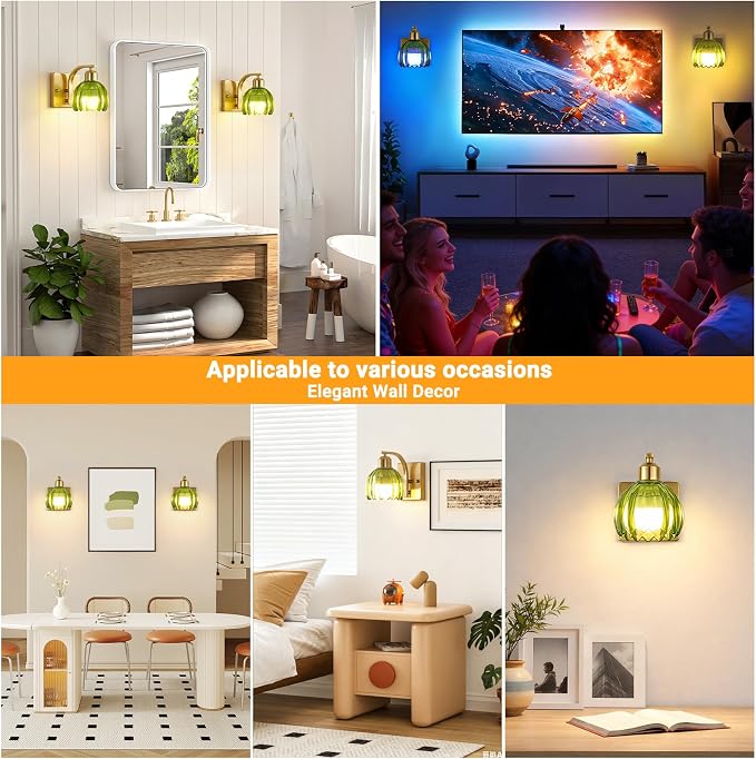 Rechargeable Battery Operated Wall Sconce Set of 2, Wireless Battery Powered Gold Wall Lamps with Green Tulip Glass, Vintage Dimmable Wall Lights with Remote Control for Bedroom Living Room