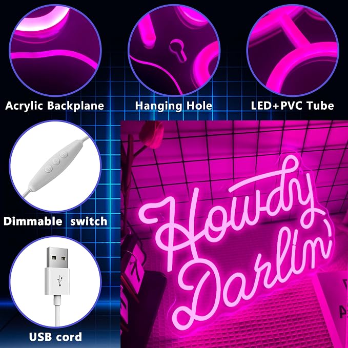 Howdy Darlin’ Neon Signs for Neon Sign,Dimmable Western Cowgirl Neon Light,Usb Powered for Man Cave Party Bedroom Bar Birthday Cowboy Lover Gifts(15.7 * 10.6in)