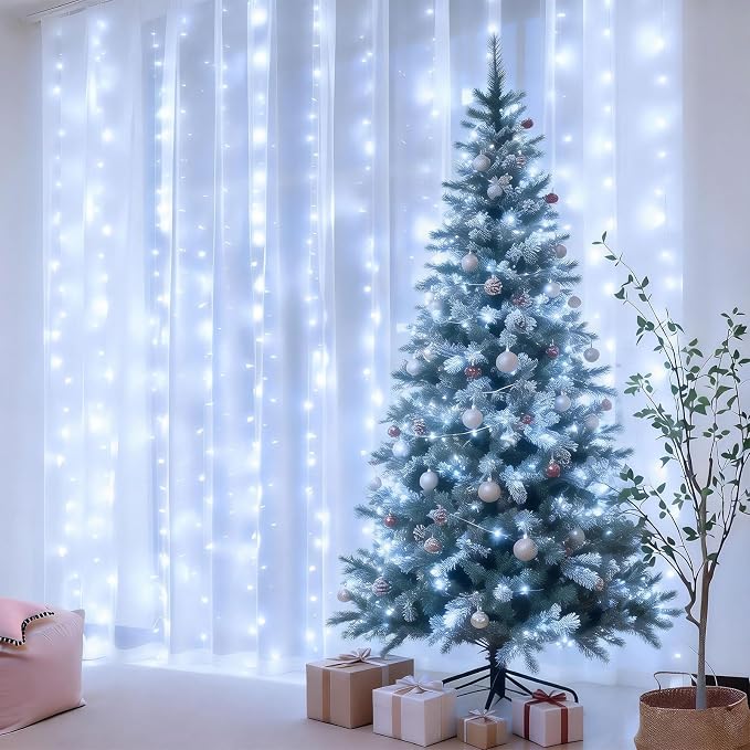 300LED Fairy Curtain Lights 9.8ft x 9.8ft LED Dimmable Twinkle Lights | with Remote and Timer USB Plug in 8 Modes String Lights for Bedroom Indoor Outdoor Party Christmas Decor, White