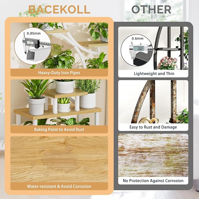 BACEKOLL Plant Stand Indoor with Grow Light, 8 Tier Corner Plant Shelf Tall | 62" Lighted Flower Holder for Plant Multiple, Space-Saving Beautiful Display Growing Rack for Home, Sturdy Metal, Natural