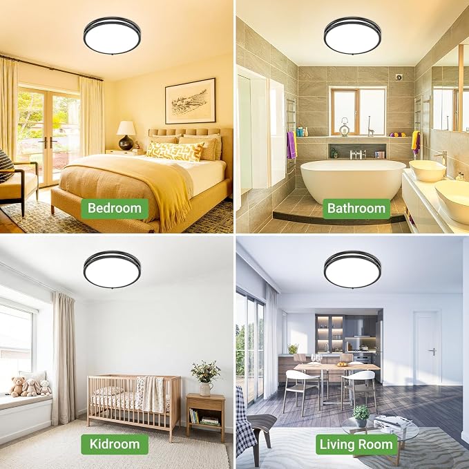 zemty 2Pack 16Inch Black LED Flush Mount Ceiling Lights, Dimmable 3000K-6500K Adjustable, 36W 3600LM Damp-Rated Light Fixture for Living Rooms, Bedroom, Kitchen, Home Office
