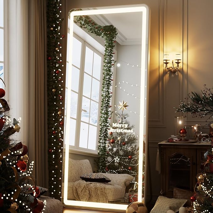 Easly 76"x 34" Full Length Mirror with Lights, LED Lighted Floor Standing, Hanging Full Length with Stand, Full Body Dressing Mirror with Dimmable 3 Color LED