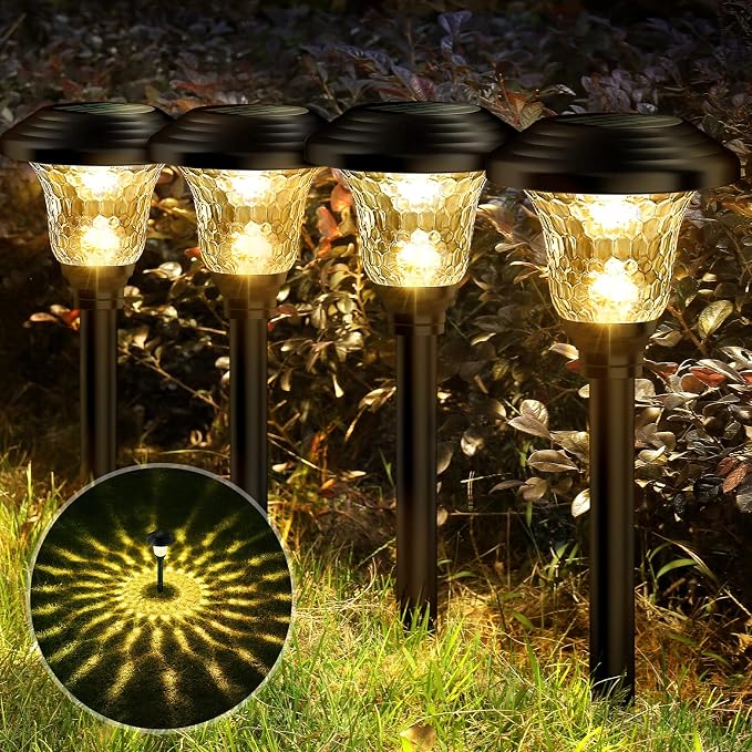 Glass Solar Lights Outdoor waterproof, 2 Pack Super Bright Solar Pathway Lights, Up to 12 Hrs Long Last Auto On/Off Garden Lights Solar Powered, Stainless Steel LED Light For Yard Landscape Warm White