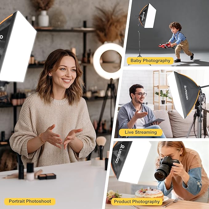 UEGOGO Softbox Photography Lighting Kit,UL Certified 85W 3000-7500K LED Bulbs, 16'' x 16'' Professional Soft Box, Studio Lights for Photography/Live Streaming/Video Recording