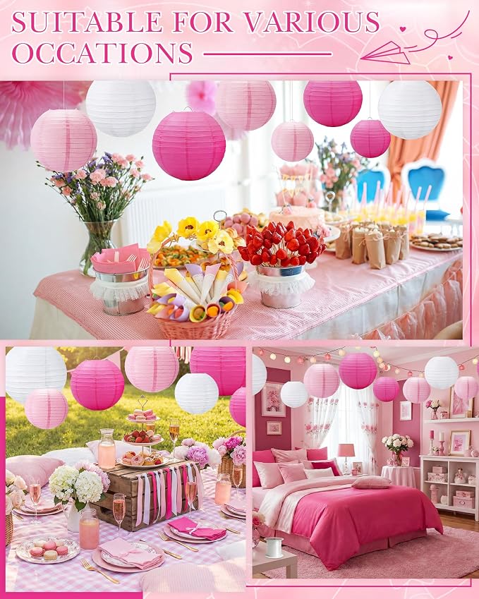 Treela 48 Pcs Paper Lanterns Party Decorations Round,Pink,White | Chinese Hanging Lamps, Wedding, Party Supplies, Birthday Bridal, 4/6/8/10 Inch, Easy Setup, Asian Decor, Festive Atmosphere