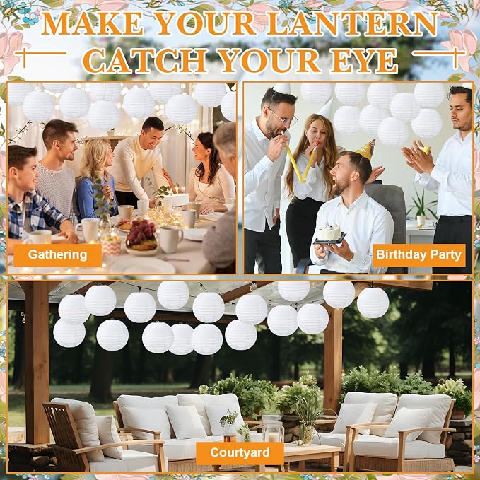 Treela 48 Pack White Chinese Japanese Paper Lanterns Decorative Hanging Round Paper Lantern Lamps for Wedding Birthday Party Decorations (6 Inch)