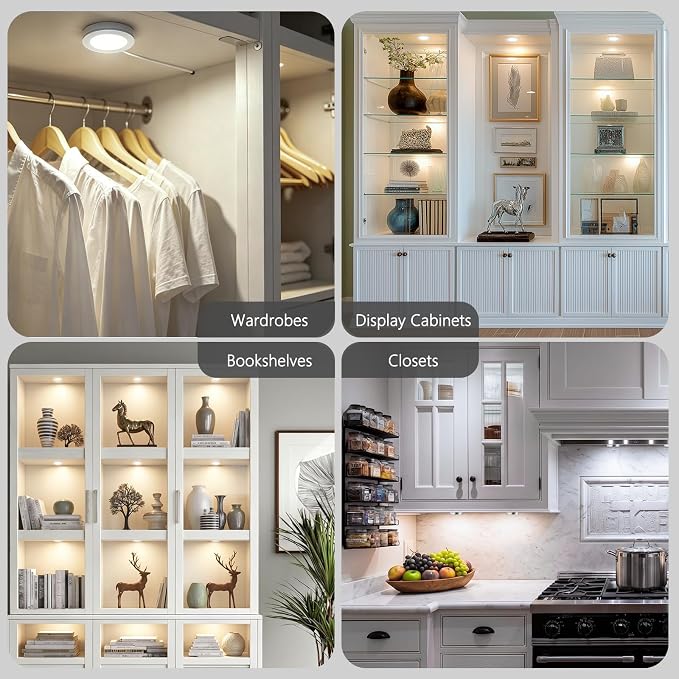 VST 6 Pack Plug-in LED Under Cabinet Puck Lights, Wired Touch Dimmer Switch & RF Remote,CCT 2700K-6000K Adjustable ,Recessed & Surface Mount, 12V/2W UL Listed for Wardrobe Display(Silver, 6 Pack)