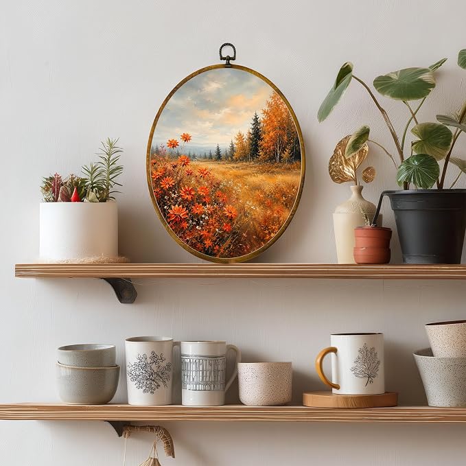 Fall Floral Oval Wall Art, Framed Canvas Decor, 8.5x11.5 Inch | Orange wildflowers, golden meadow, birch trees and rustic autumn landscape decor