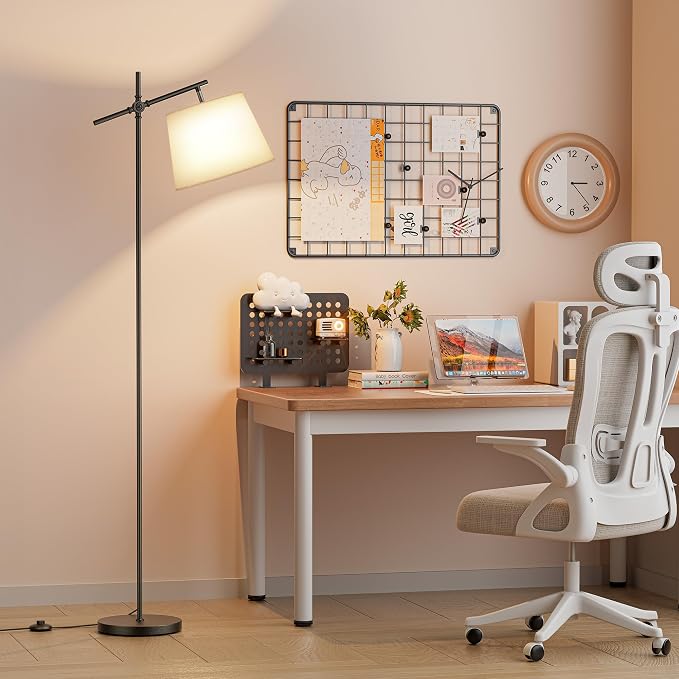 Floor Lamp with Linen Shade, Dimmable Tall Standing Lamp with Remote Control & 3 Color Temperatures Bulb, Modern Swing Arm Floor Lamps for Living Room Bedroom Office Corner