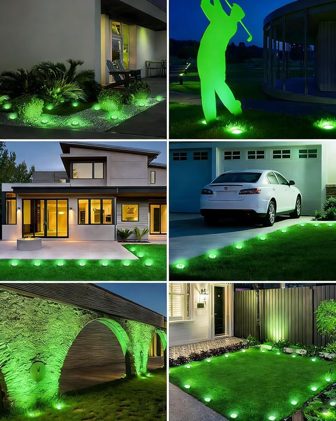 btfarm 16 Pack Solar Lights Outdoor Waterproof, 8 LED Solar Ground Lights | Stainless Steel, Easy-to-Install Flat Solar Disc Lights, Pathway Lights for Garden Lawn Patio Yard Path Landscape, Green