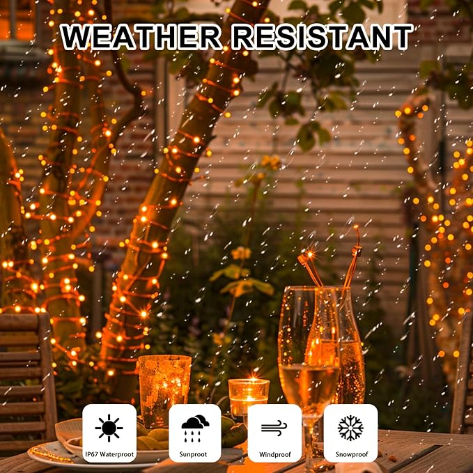 Orange Fairy Lights Battery Operated (Included), 8 Modes & Auto timer, 16FT 50Led Mini Twinkle Silver Wire Firefly Starry lights, Waterproof Battery Operated Lights for Party Bedroom Christmas