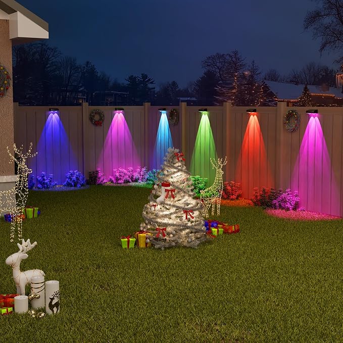 VOLISUN Solar Fence Lights Outdoor 16 Pack, 50Lumen RGB Color Changing | 2 LED Downlight, IP65 Waterproof, 10 Colors & 12 Modes, Fence Lights Solar Powered for Backyard, Deck, Patio, Railing