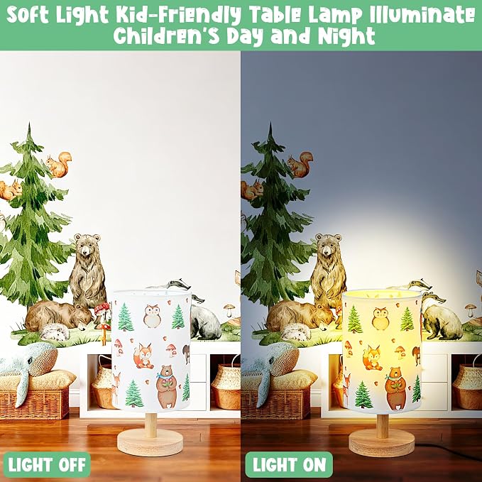 Woodland Animals Table Lamp - Woodland Kids Bedside Lamp with Linen Wooden Nightstand Cartoon Nursery Lampshade for Kids Room Decor