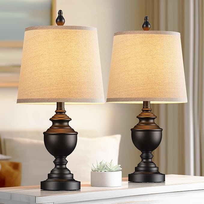 Retro Table Lamps Set of 2, Bedside Lamp for Bedroom Rustic Farmhouse Table Lamps for Living Room, Vintage Nightstand Lamps with White Shades, Matte Black