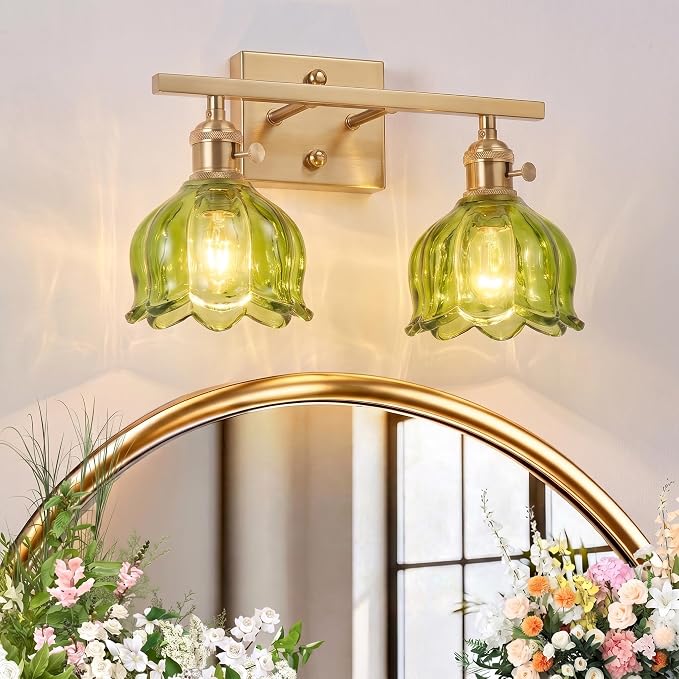 3-Light Vintage Bathroom Vanity Light, 19.4" Brass Hardwired Wall Sconce with Amber Tulip Glass Shades, Brushed Gold Vanity Light for Mirror, Restroom, Bedroom (Green, 2-Light)