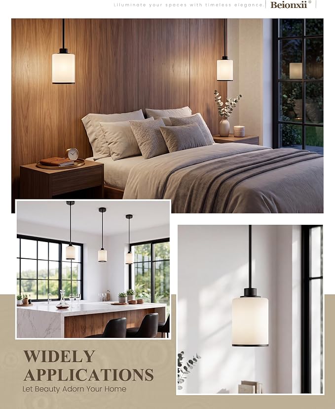 Beionxii Black Pendant Lights Kitchen Island,Mini Hanging Light Fixture | 4.72“ Milk Glass Pendant Lights Kitchen Island 2 Pack, Adjustable Metal Rods for Dining Room Bedroom Sink, BX-PL02MB-2+R