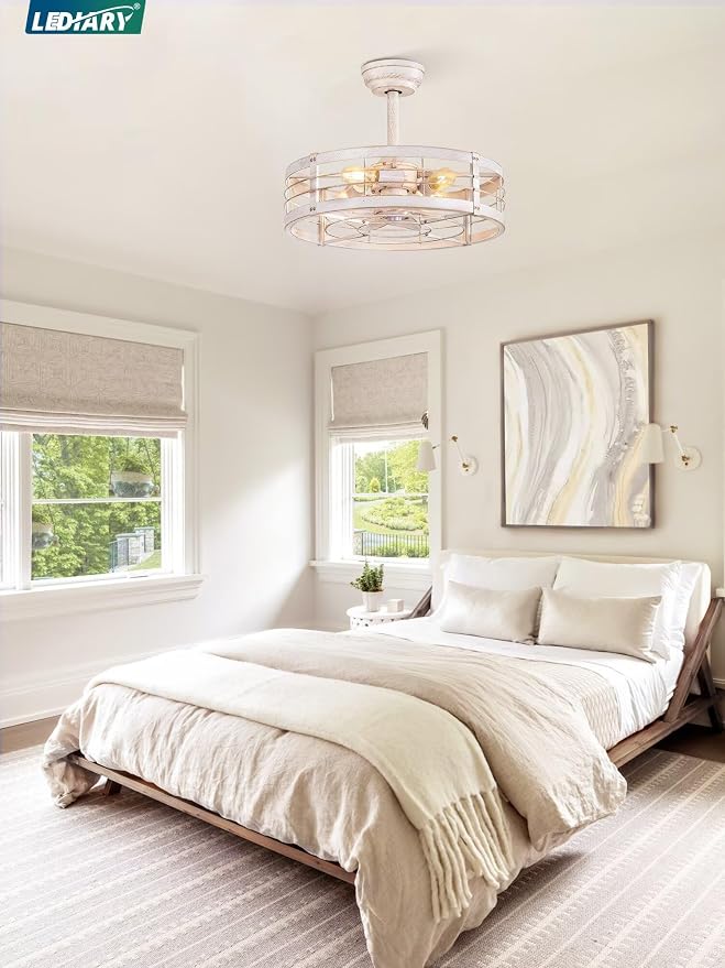 LEDIARY 20 inch Fandelier Caged Ceiling Fan with Light, White Gold | 6 Speed Adjustable,Timing, Quiet & Powerful DC, Small, Farmhouse, Industrial, Enclosed, Bladeless, Bedroom, Kitchen, Downrod