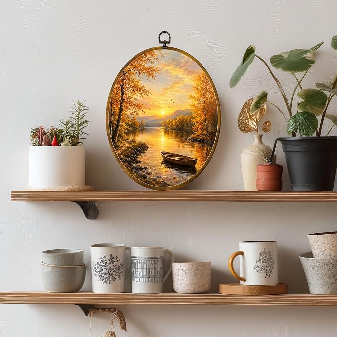 Fall Lake Oval Wall Art, Framed Canvas Decor, 8.5x11.5 Inch | Autumn lake sunset, wooden boat, mountain view and golden trees farmhouse decor