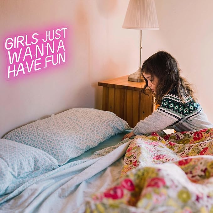 Girls Just Wanna Have Fun Neon Sign for Wall Decor, Retro Style Pink LED Neon Signs, Wedding Party Girl Neon Light Sign,USB Powered for Teen Bedroom Aesthetic Wedding Party Christmas Birthday