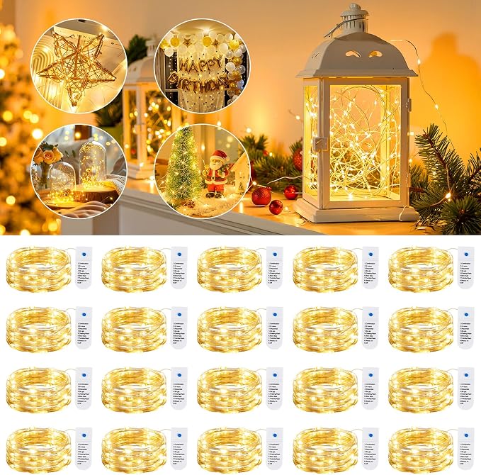 Minetom 20 Pack Warm White Battery Operated Fairy String Lights 8 Modes | 7ft 20LED Waterproof Silver Wire Twinkle Lights, Firefly Starry Moon Lights for Mason Jars DIY Christmas Wedding Part