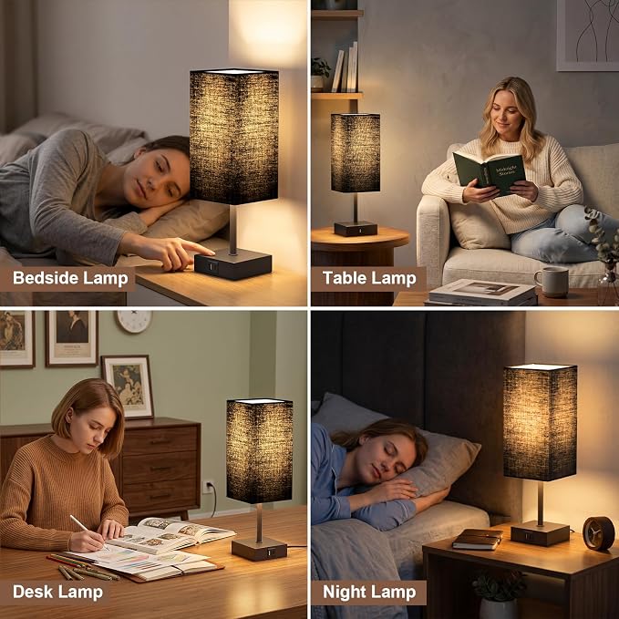 Bedside Lamp for Bedroom Touch Control Nightstand Lamp with USB C+A | Table Lamp Black Lampshade 14-inch, 3 Way Dimmable, Small Bedside Lamps for Living Room ,Dorm, Office, LED Bulbs Included