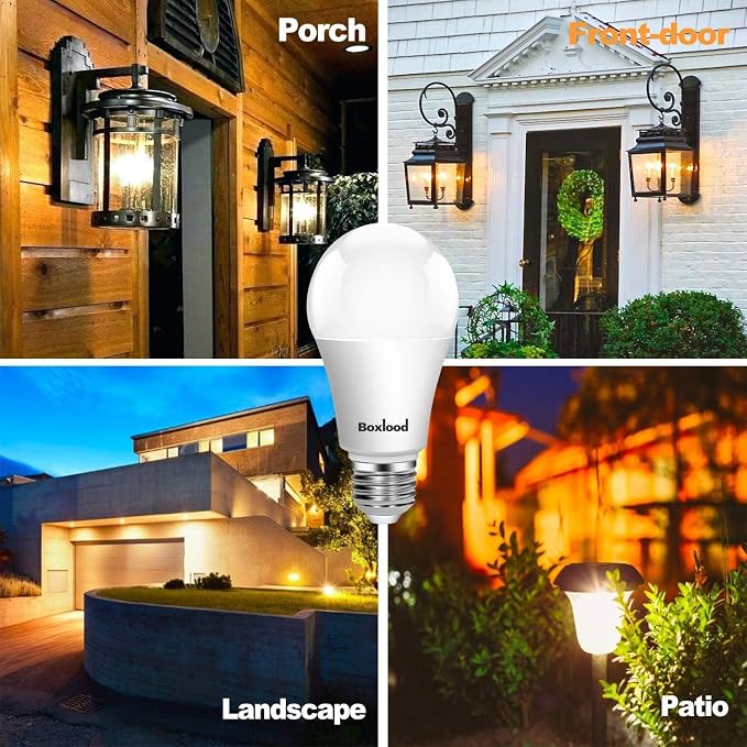 Boxlood Dusk to Dawn Light Bulbs, Built-in Photocell Light Sensor, Automatic On/Off, E26 Base 9W 60W Equivalent, AC120V 3000K Warm White, Indoor/Outdoor Sensor LED Bulb for Yard Entrance Porch 4Pack