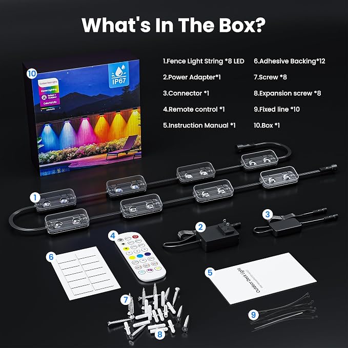 50FT Outdoor Fence Lights, 8 Packs Smart Deck Lights App/Remote Control | 16 Million Monochrome Modes, RGBCW+IC, Color Changing Lights for Fence, IP67 Waterproof for Backyard Railing Decor