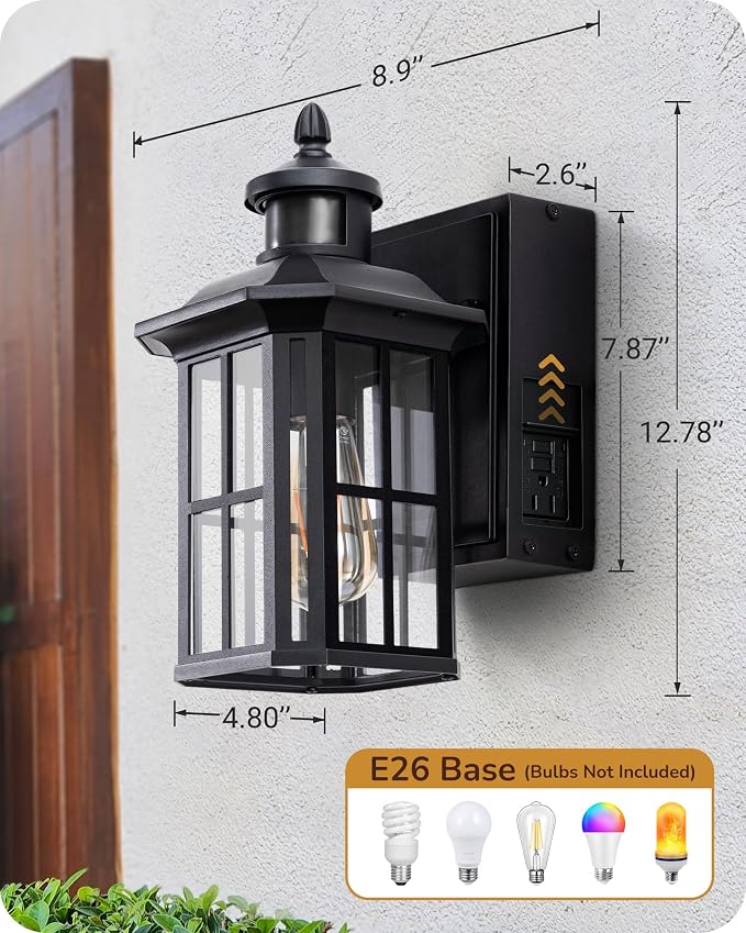 EDISHINE Motion Sensor Dusk to Dawn Outdoor Wall Lights with GFCI Outlet | 3 Modes, E26 Base, 140° Angle & 33FT Range, Waterproof Outdoor Wall Sconce for Patio Garage, Black