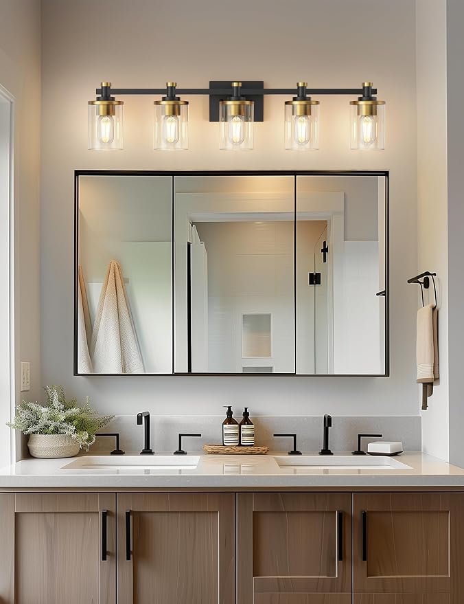 Bathroom Light Fixture, Bathroom Vanity Light Over Mirror, 5-Lights | Vanity Lights for Bathroom, Modern Lighting Fixtures with Clear Glass Shade, Black and Gold Vanity Lights, ETL Listed