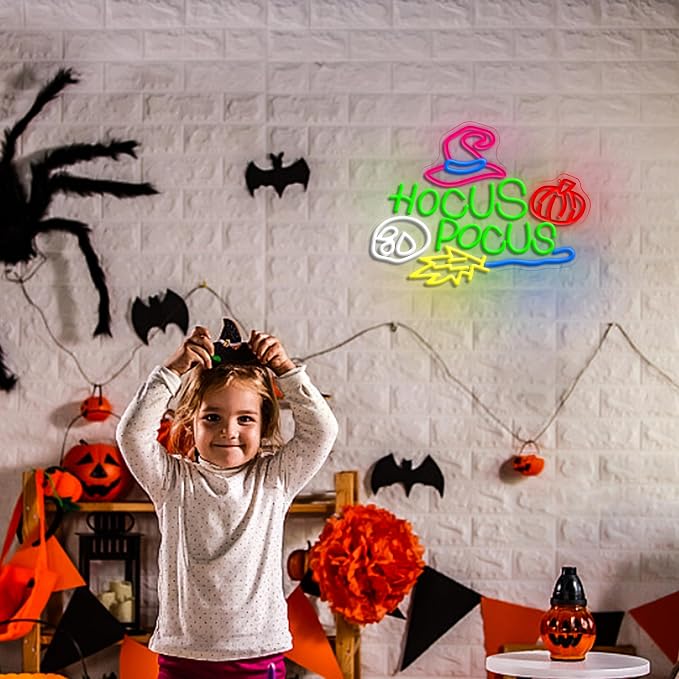 Hocus Pocus Halloween Neon Sign for Wall Decor Mysterious Witch Hat LED Neon Sign Skull Light Up Sign for Bedroom Halloween Decoration Bar Party Gift(16.54 * 12.6in)