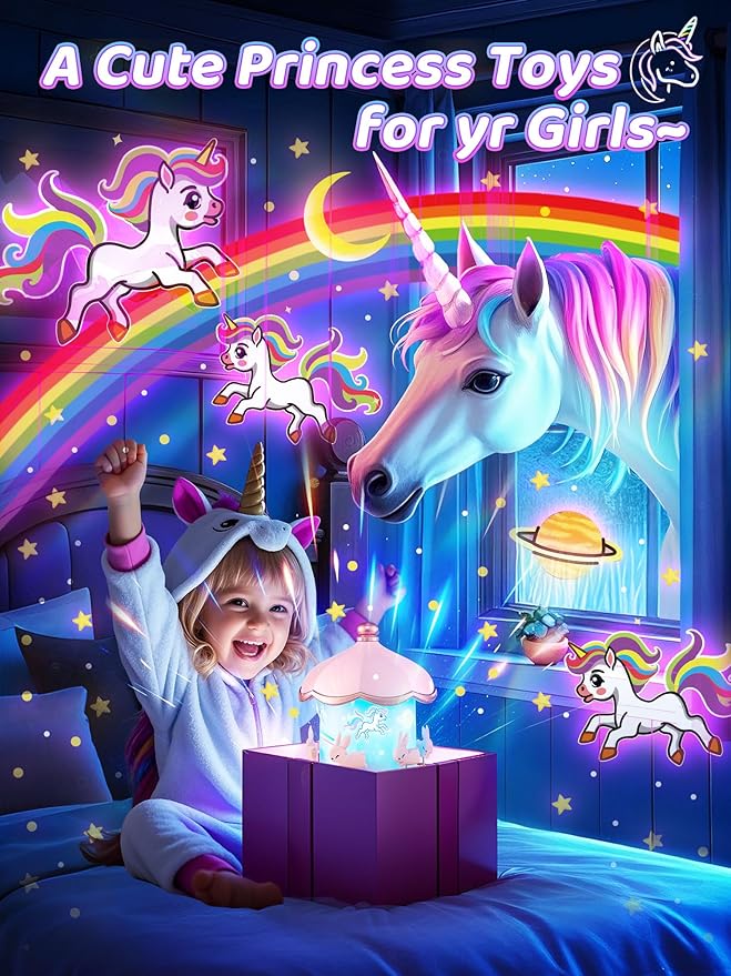 Carousel Night Light for Kids, 15 Music+15 Films+315 Colors Star Projector for Kids Night Light Projector, 360°+Remote+1200mah Unicorn Toys for Girls Room Decor, Baby Learning Toys Easter Gifts Bunny