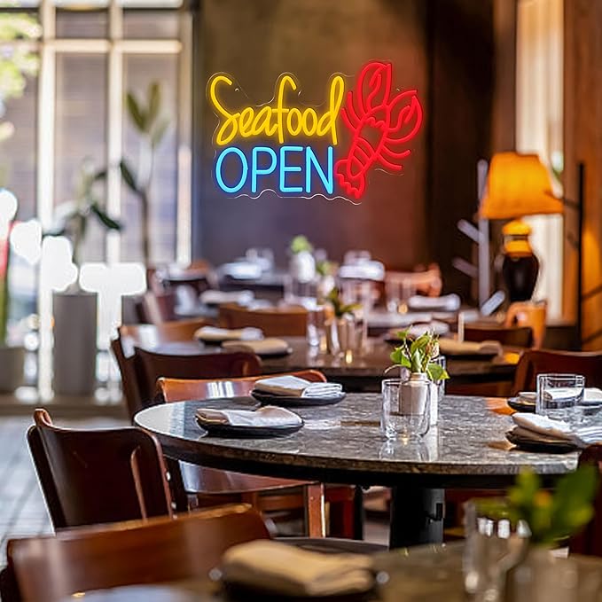 Seafood Open Neon Sign for Business Decor Delicious Lobster Led Neon Light Dimmable Fish Food Light Up Sign for Seafood Restaurant Shop Night Market Fish Market Oyster Bars