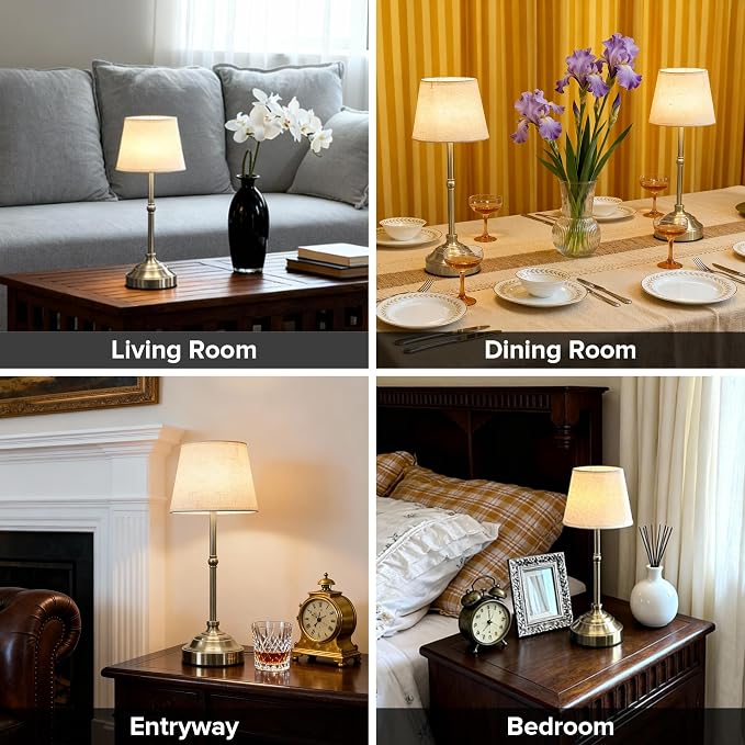 2 Pack Cordless Table Lamp, Rechargeable Desk Lamp with Fabric Shade, Battery Operated 3 Color Stepless Dimming, Small Touch Bedside Lamp Home Decor for Dining, Counter(Brushed Sliver)