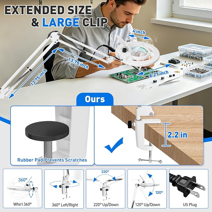 12X Magnifying Glass with Light, KIRKAS 2,200 Lumens LED Magnifying Lamp | with Clamp, Stepless Dimmable Real Glass Lens Magnifier, Adjustable Arm Workbench Light for Close Work Hobby Repair - White