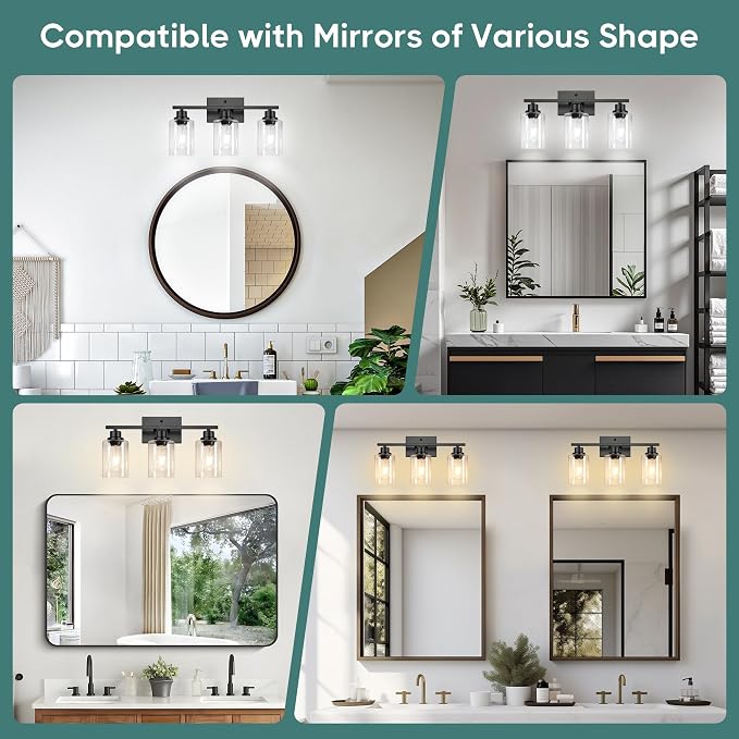 Ascher Bathroom Light Fixtures, 3-Light Vanity Light Over Mirror, Matte Black Wall Sconces with Clear Glass Shades, Wall Lamp for Living Room Bedroom, E26 Base(Bulbs Not Included)