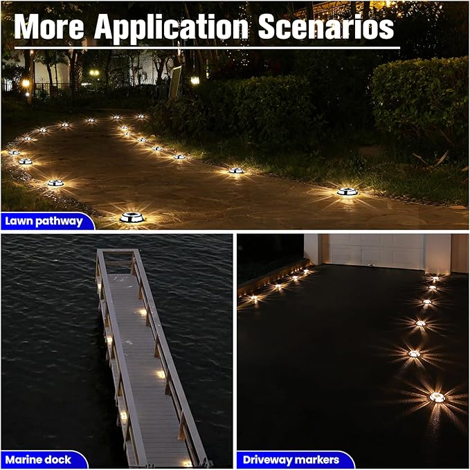 VOLISUN Solar Driveway Deck Lights Dock Marine Lights,16 Pack Solar Ground Light 2 Colors in 1 led Waterproof,Driveway Marker Light for Pathway Warning Step (White/Blue),Auto On/Off