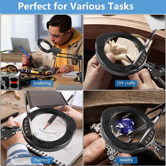 10X Magnifying Glass with Light and Stand, Black 4.3" Helping Hands Soldering Station with 4 Flexible Helping Arms, 5 Color Mode, 10 Dimmable Levels for Electronics Repair, Jewelry, Hobby