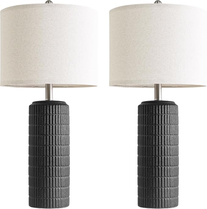 PoKat 27.5'' Tall Table Lamps Set of 2 for Living Room, Matte-Textured Farmhouse Ceramic Bedside Lamps for Bedroom, Modern Nightstand Lamps for Office Sideboard Hallway Home Decor, Matte Black