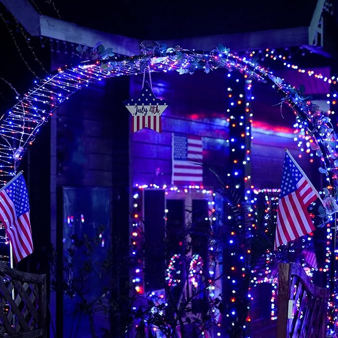 JMEXSUSS 4 Pack 50LED Red White Blue Fairy Lights Battery Operated, 16ft Battery Powered 4th of July Fairy Lights, Indoor Patriotic Lights for Independence Day 4th of July Decorations