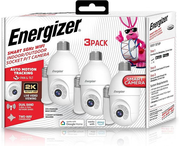 Energizer Smart Socket Camera 3-Pack, 2K QHD Outdoor Light Bulb Security Camera, 5GHz/2.4GHz, Pan & Tilt Auto Motion Tracking, 2-Way Audio, Night Vision, Recording, Voice Control with Alexa & Google